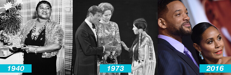 Hattie McDaniel con l'Oscar (1940), l'attivista Sachin Littlefeather che parla con i presentatori (1973) e Jada Pinkett-Smith e Will Smith